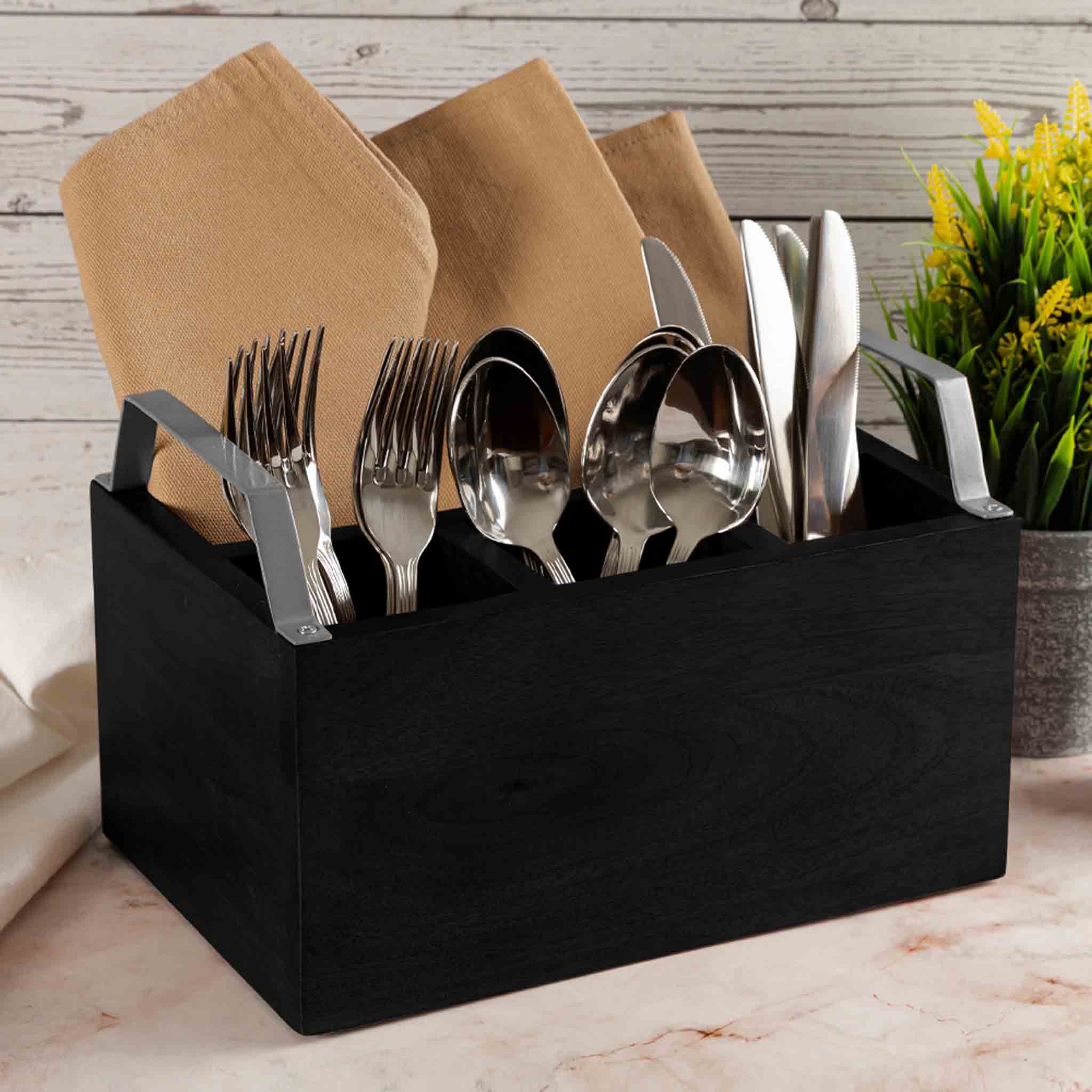 Wooden Cutlery Holder With Metal Handle For Dining Room, Kitchen And Desk