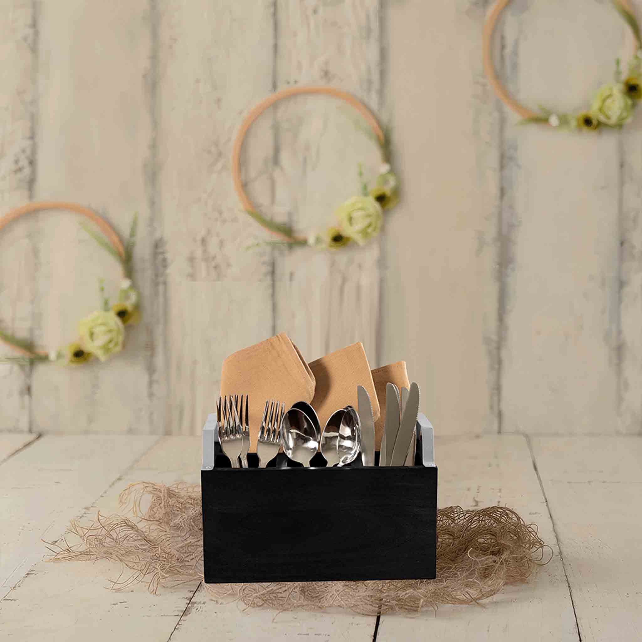 Wooden Cutlery Holder With Metal Handle For Dining Room, Kitchen And Desk