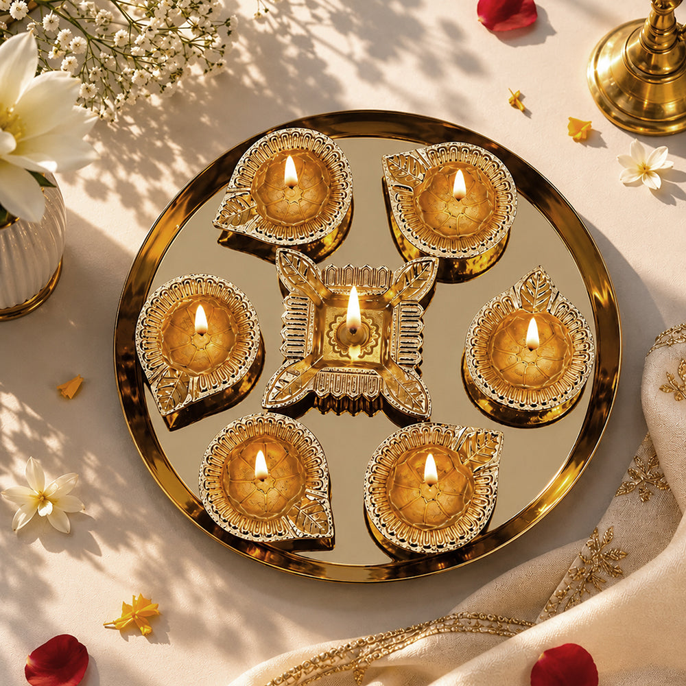 Gold Diya Set With Thali For Decor And Pooja