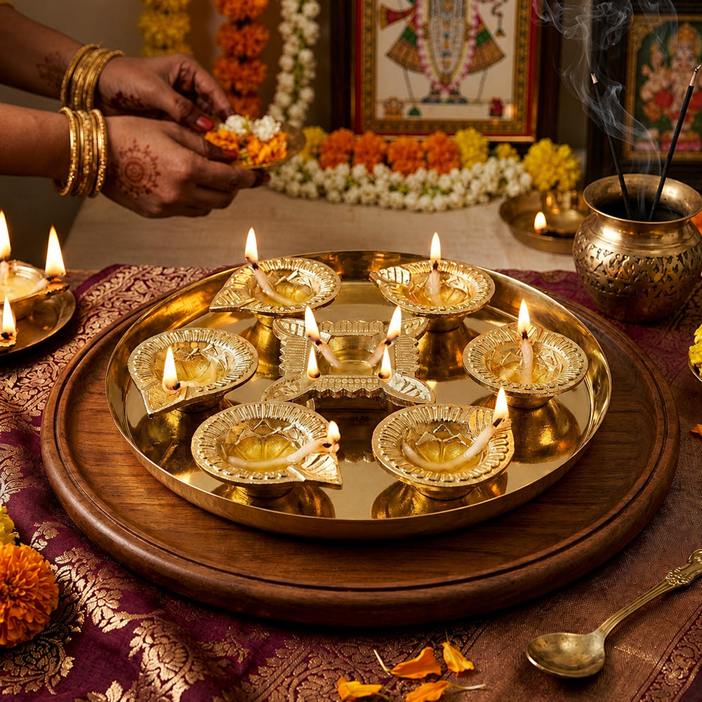 Gold Diya Set With Thali For Decor And Pooja