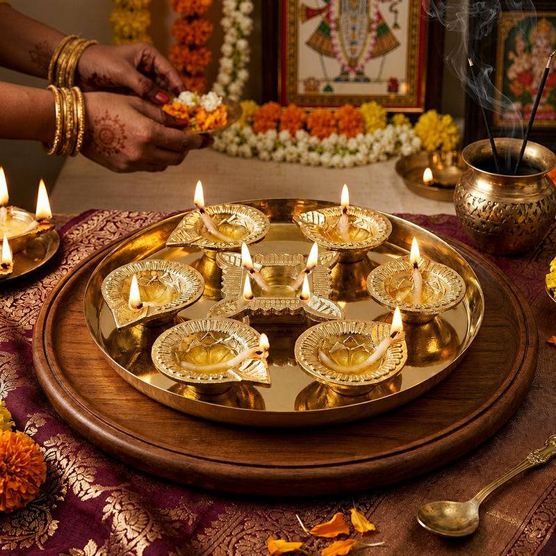 Gold Diya Set With Thali For Decor And Pooja