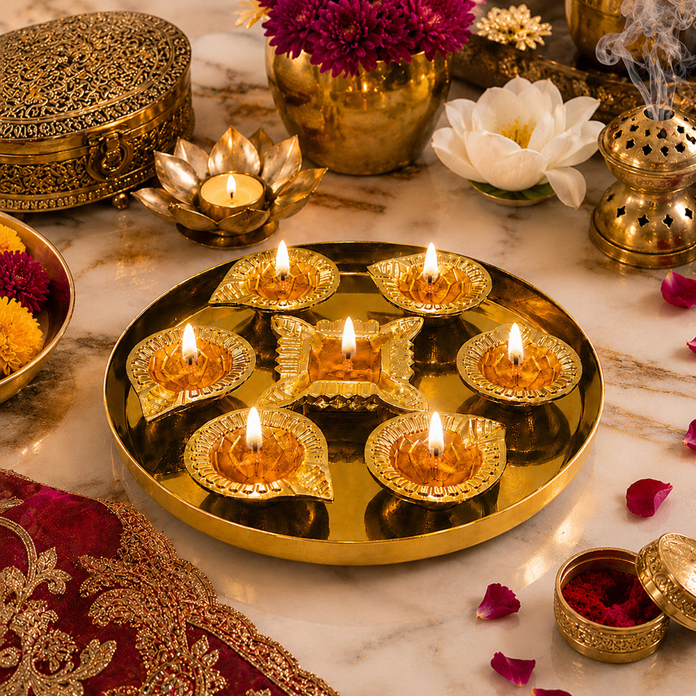 Gold Diya Set With Thali For Decor And Pooja