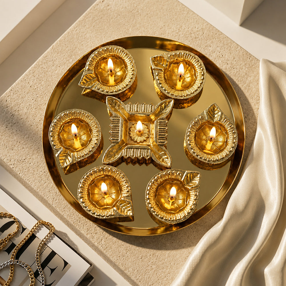 Gold Diya Set With Thali For Decor And Pooja