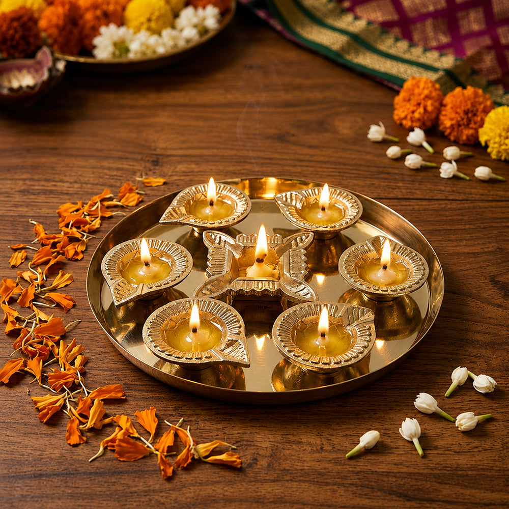 Gold Diya Set With Thali For Decor And Pooja