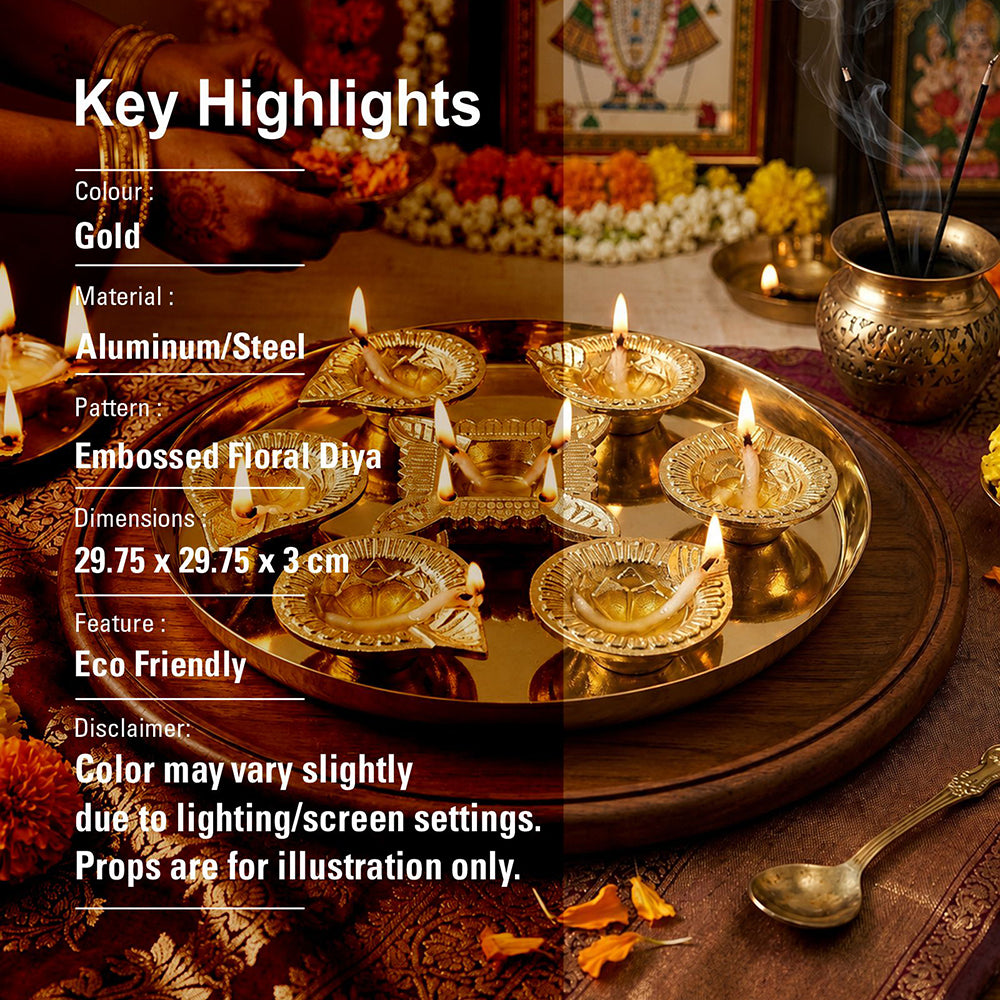 Gold Diya Set With Thali For Decor And Pooja