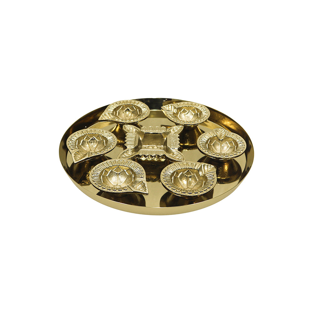 Gold Diya Set With Thali For Decor And Pooja