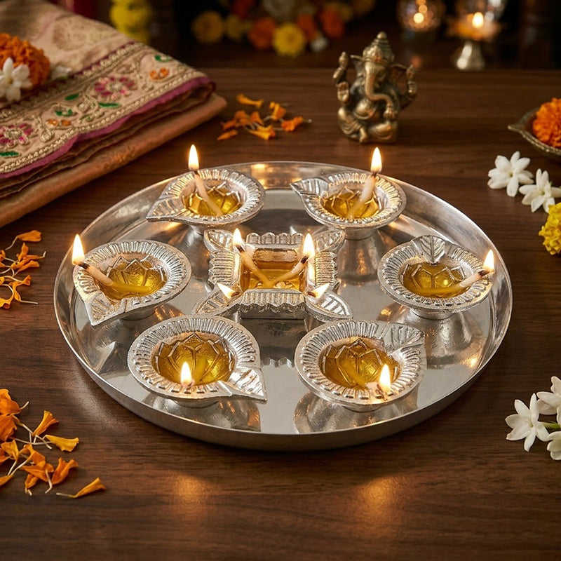 Silver Diya Set With Thali For Decor And Pooja (Set Of 8)
