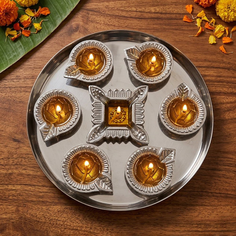 Silver Diya Set With Thali For Decor And Pooja (Set Of 8)