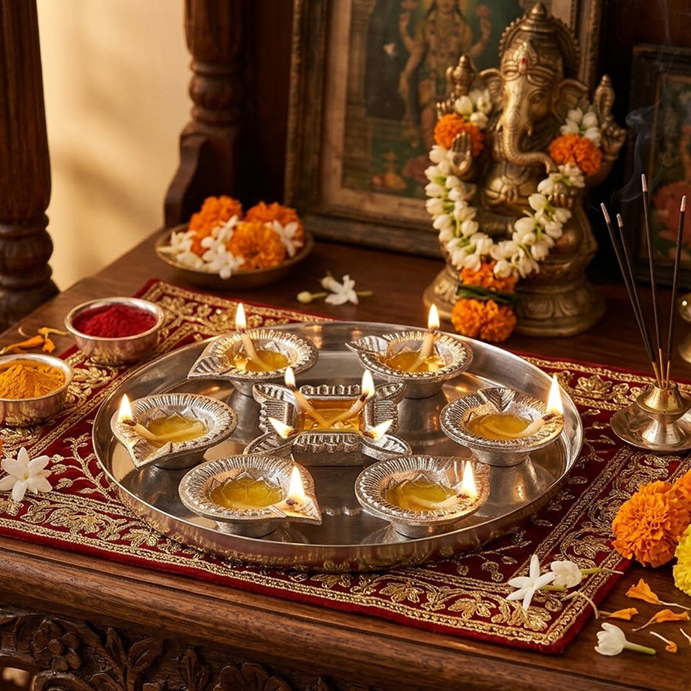 Silver Diya Set With Thali For Decor And Pooja (Set Of 8)