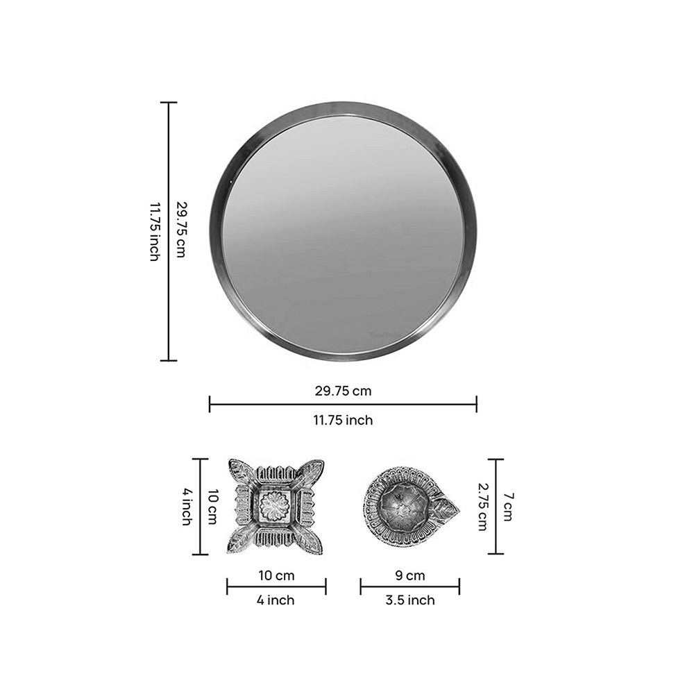 Silver Diya Set With Thali For Decor And Pooja (Set Of 8)