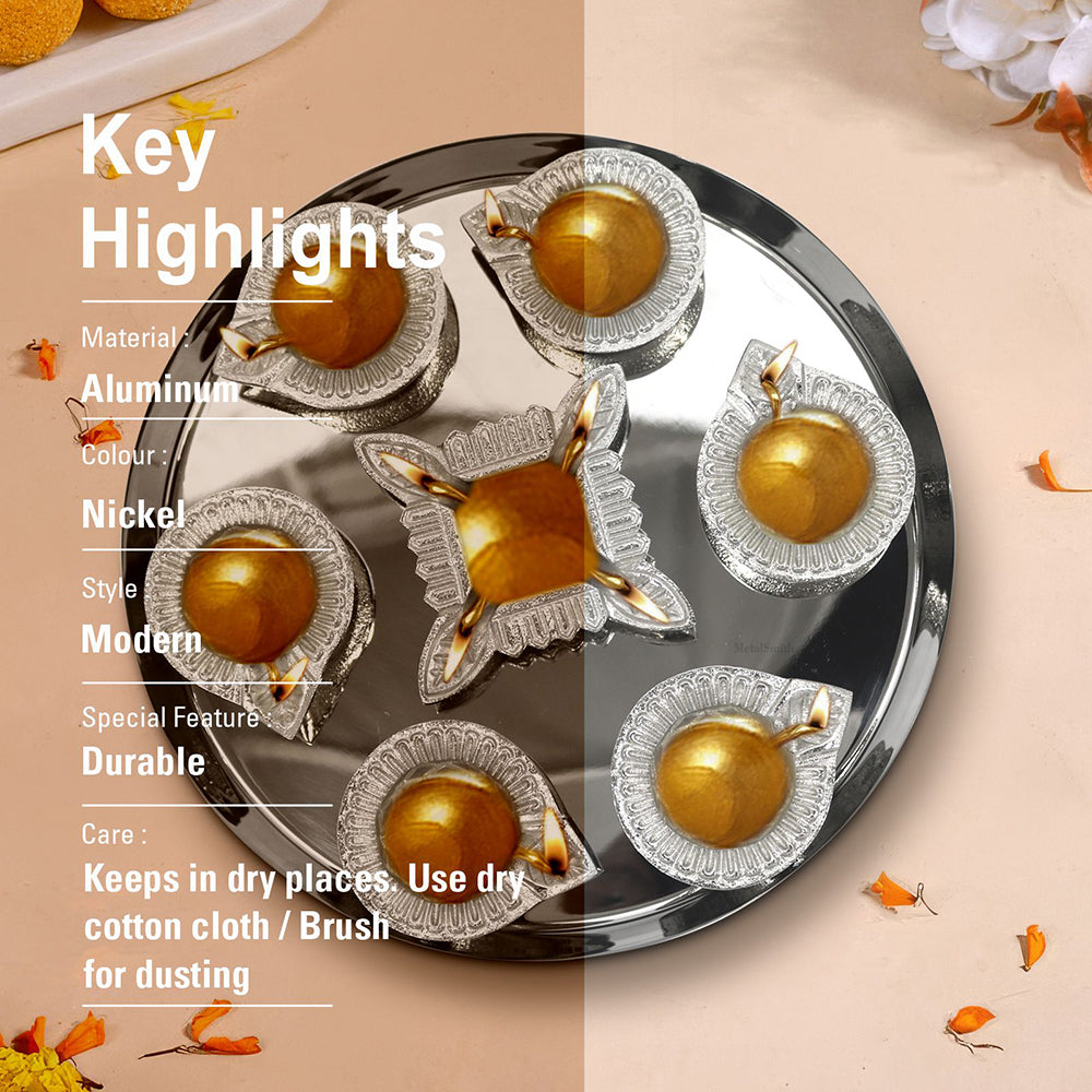 Silver Diya Set With Thali For Décor And Pooja (Set Of 8)