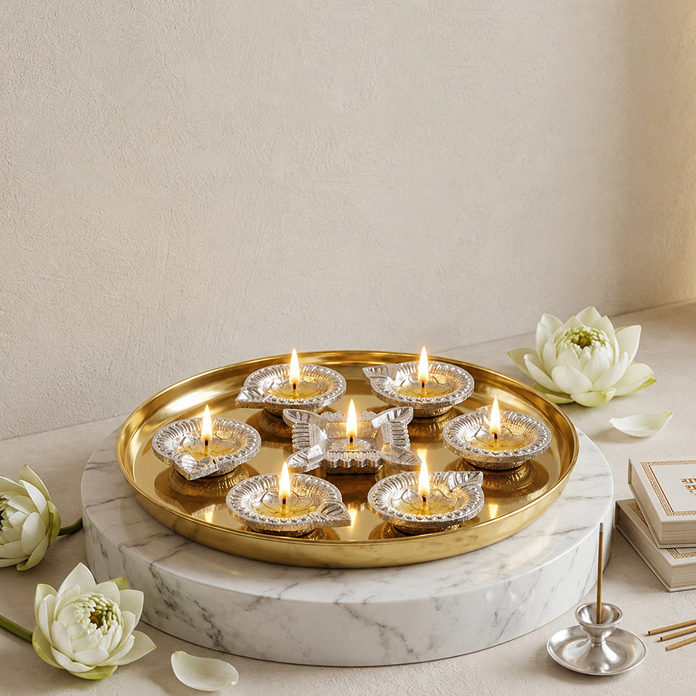 Aluminium Diya Set With Thali (Gold Finished) For Decor And Pooja (Set Of 8)