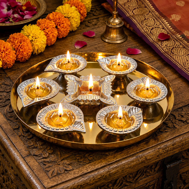 Aluminium Diya Set With Thali (Gold Finished) For Decor And Pooja (Set Of 8)