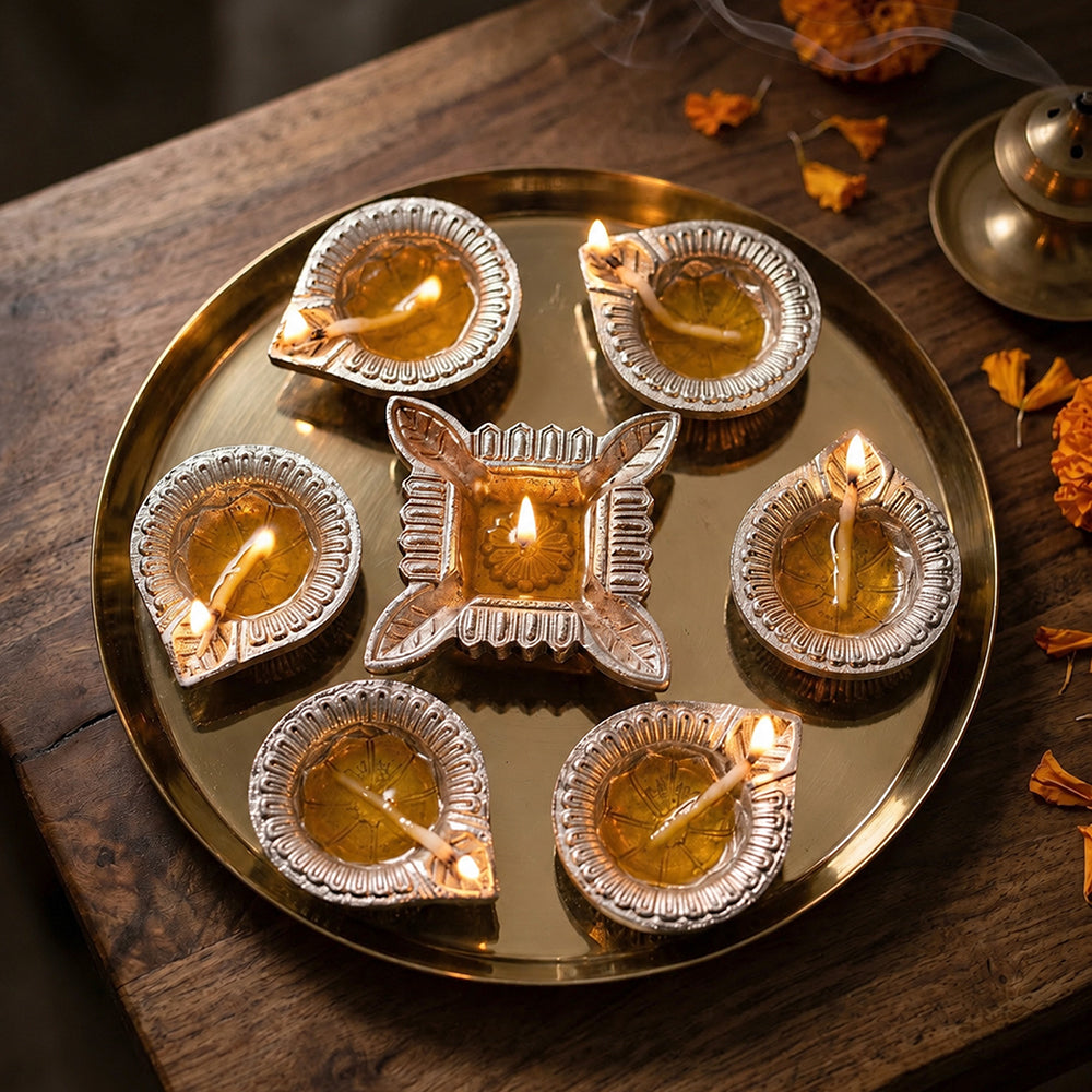 Aluminium Diya Set With Thali (Gold Finished) For Decor And Pooja (Set Of 8)