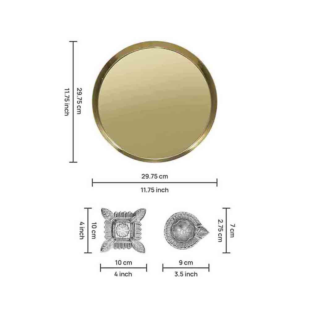 Aluminium Diya Set With Thali (Gold Finished) For Decor And Pooja (Set Of 8)