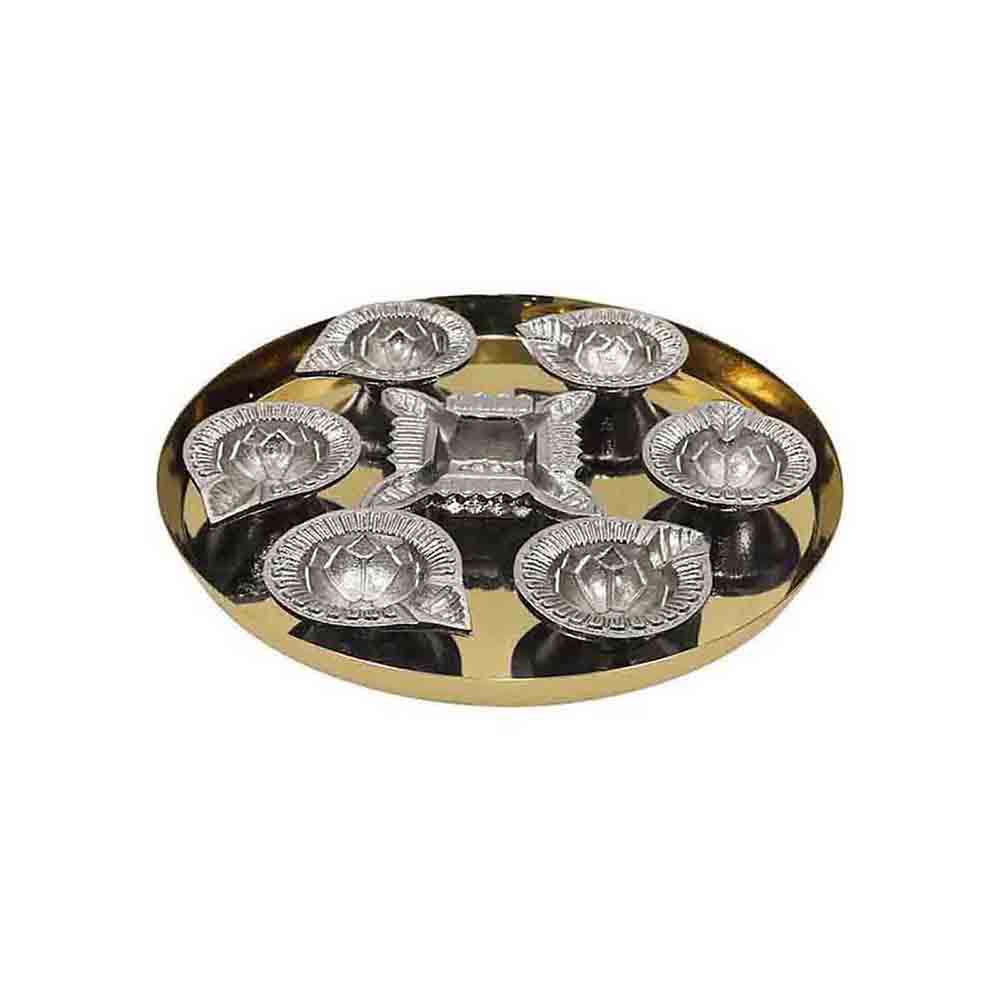 Aluminium Diya Set With Thali (Gold Finished) For Decor And Pooja (Set Of 8)