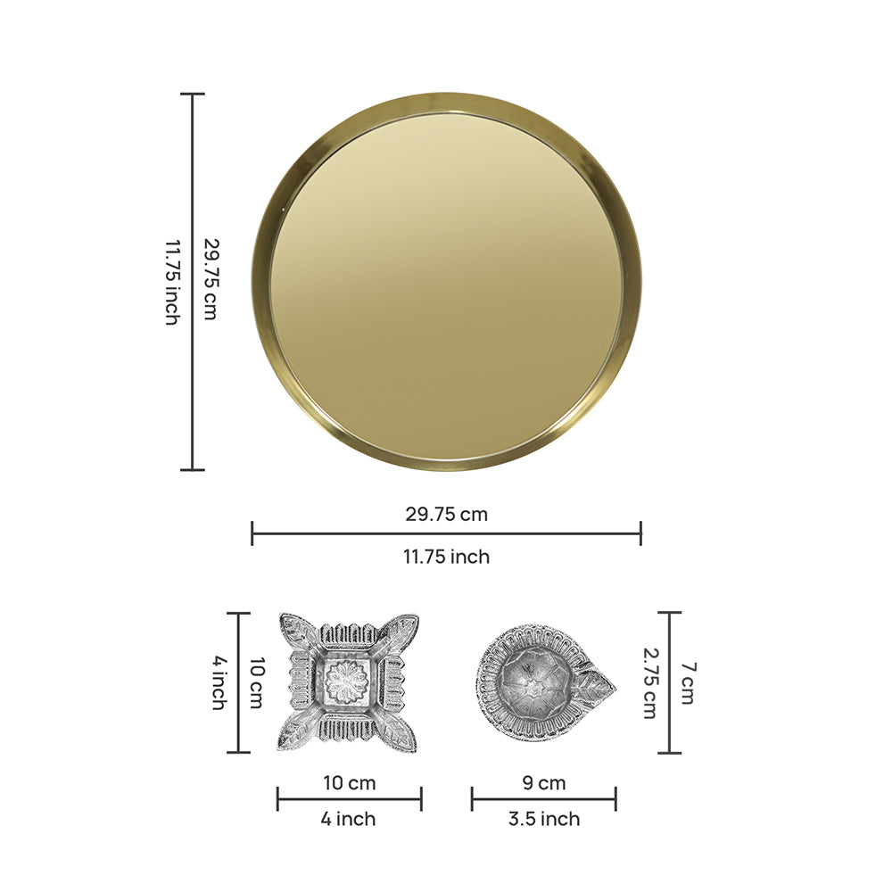 Aluminium Diya Set With Thali (Gold Finished) For Décor And Pooja (Set Of 8)