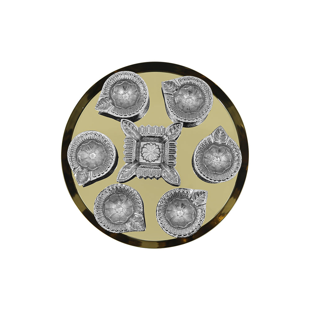 Aluminium Diya Set With Thali (Gold Finished) For Décor And Pooja (Set Of 8)