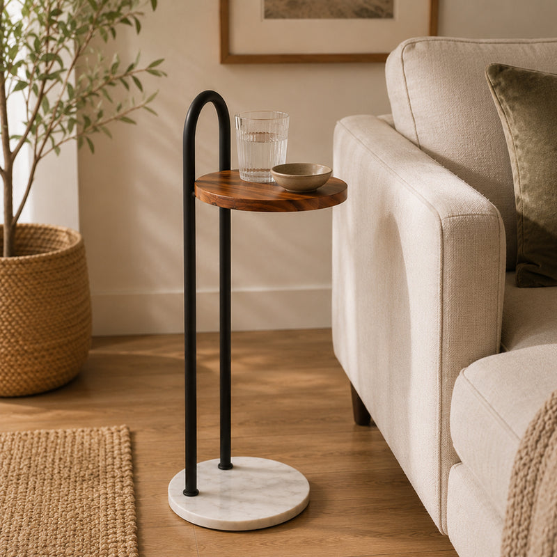 Metal Side Table With Marble Base - Brown