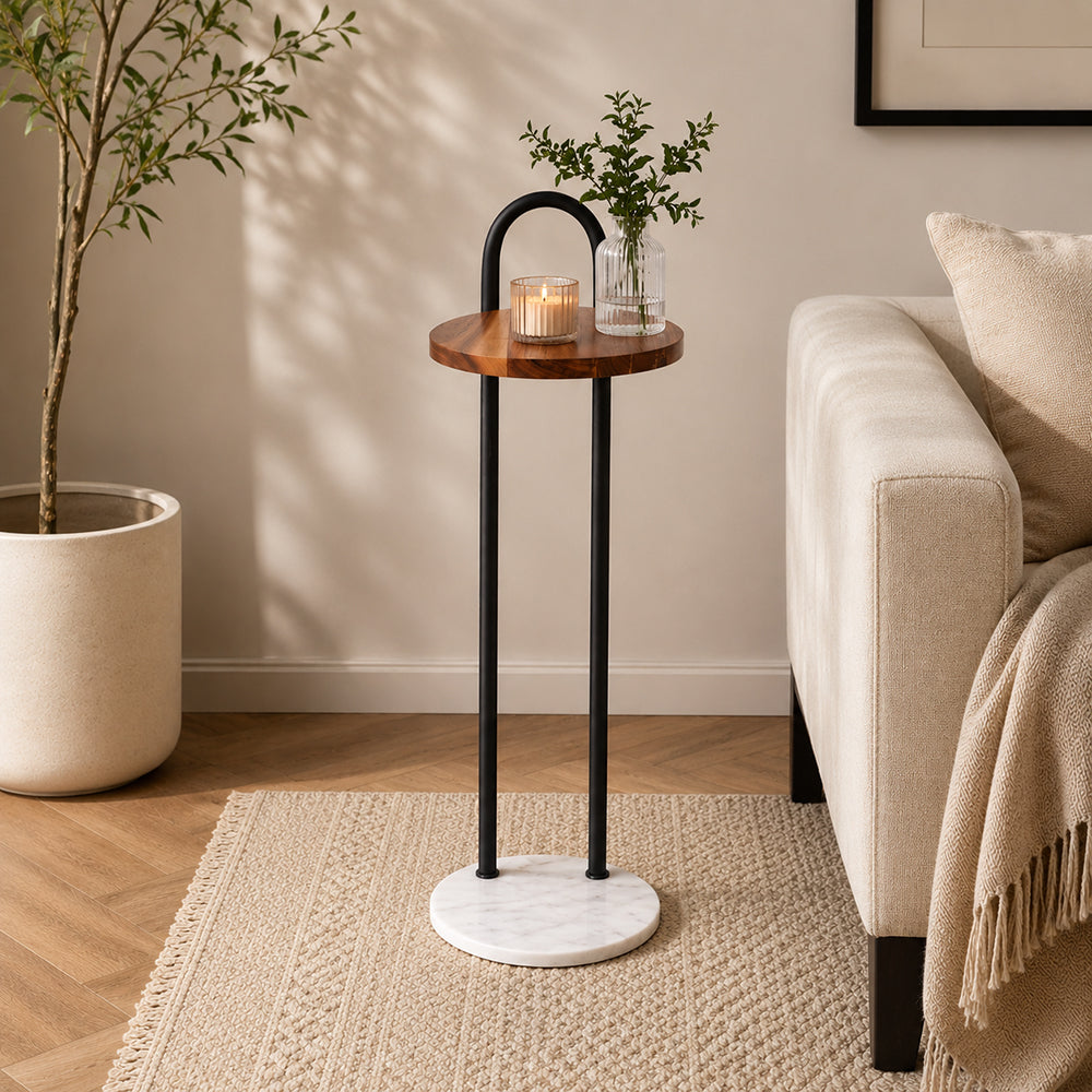 Metal Side Table With Marble Base - Brown