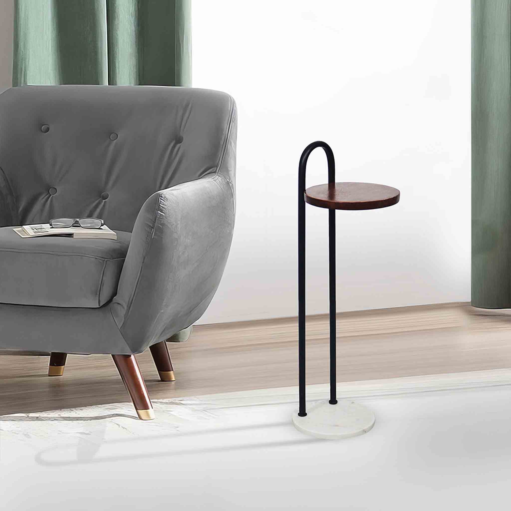 Iron Side Table with Marble Base & Wooden Top for Home & Office Décor