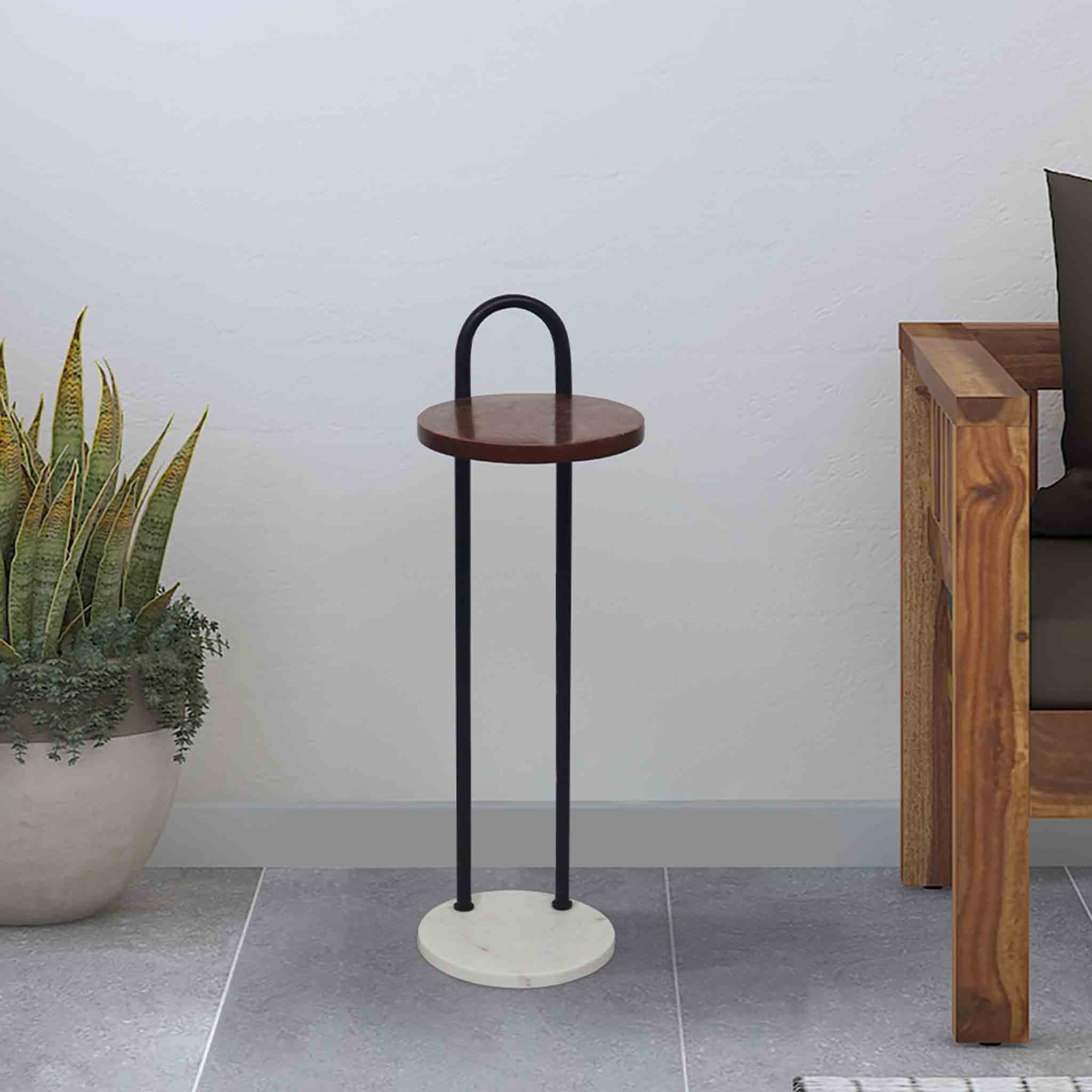 Iron Side Table with Marble Base & Wooden Top for Home & Office Décor