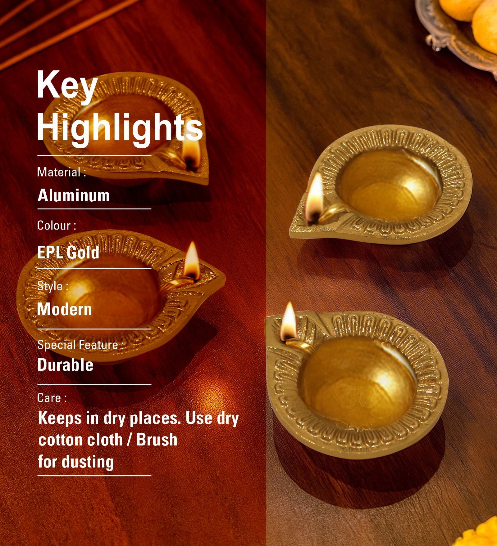 Pack Of 4 Aluminium Diyas For Pooja And Gift