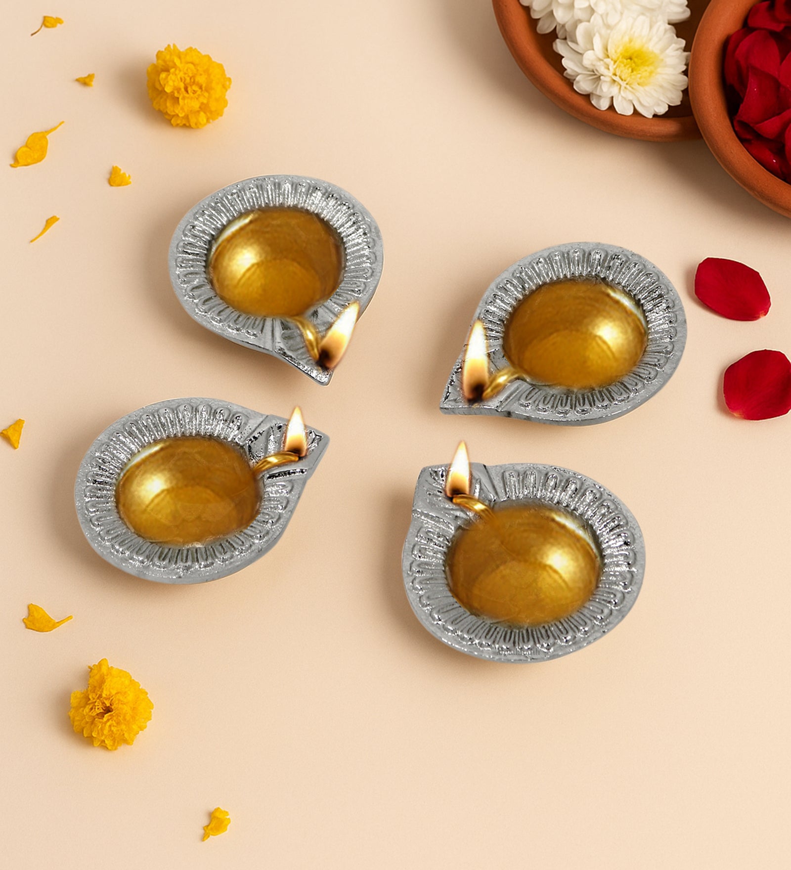 Pack Of 4 Aluminium Diyas For Pooja And Gift