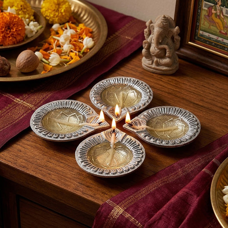 Pack Of 4 Aluminium Diyas For Pooja And Gift