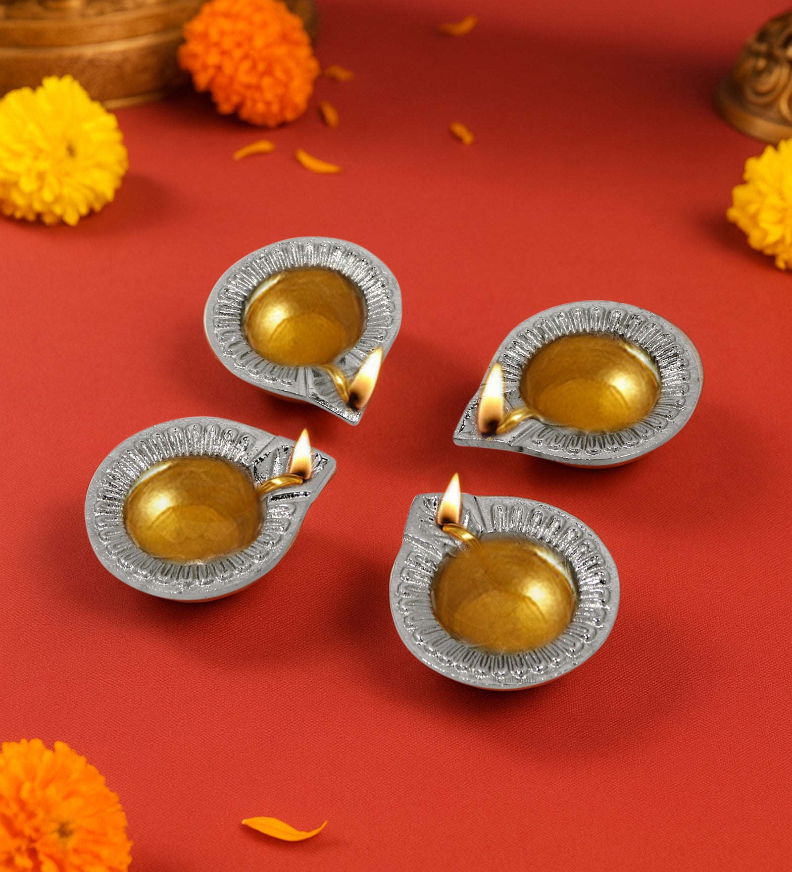 Pack Of 4 Aluminium Diyas For Pooja And Gift
