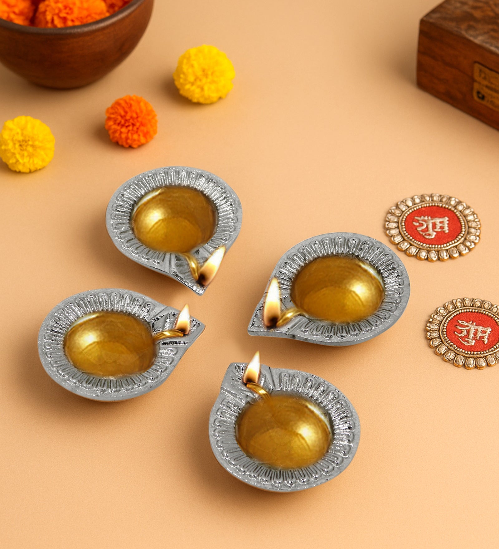 Pack Of 4 Aluminium Diyas For Pooja And Gift