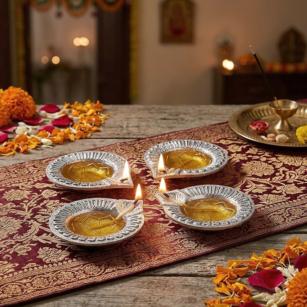 Pack Of 4 Aluminium Diyas For Pooja And Gift