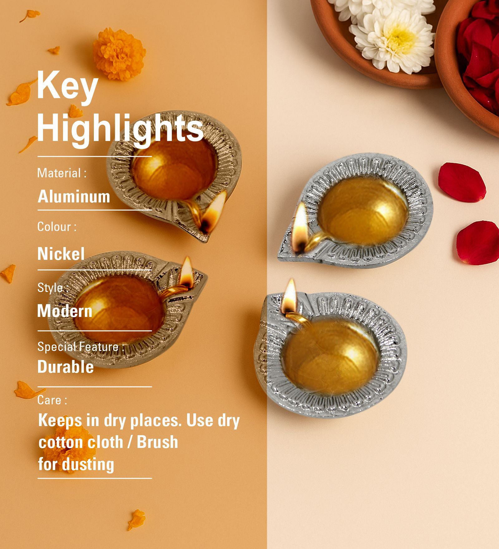 Pack Of 4 Aluminium Diyas For Pooja And Gift