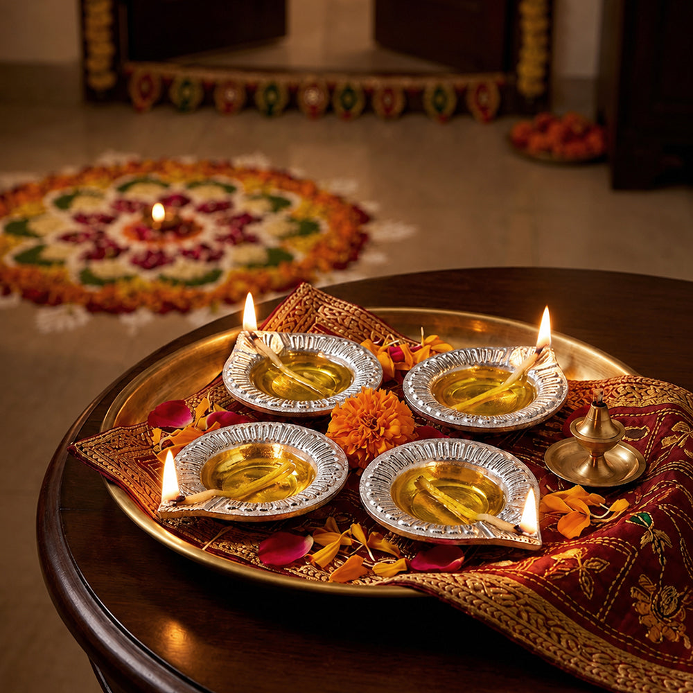 Pack Of 4 Aluminium Diyas For Pooja And Gift