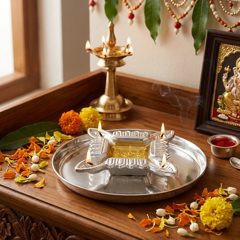 Aluminium Diya With Plate For Pooja And Gift