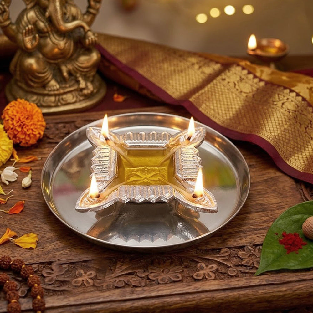 Aluminium Diya With Plate For Pooja And Gift