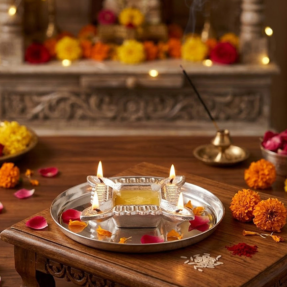 Aluminium Diya With Plate For Pooja And Gift