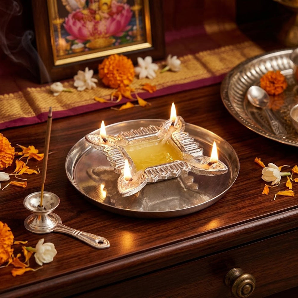Aluminium Diya With Plate For Pooja And Gift