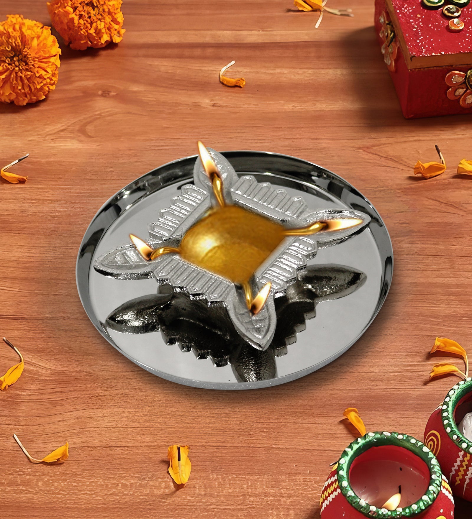 Aluminium Diya With Plate For Pooja And Gift