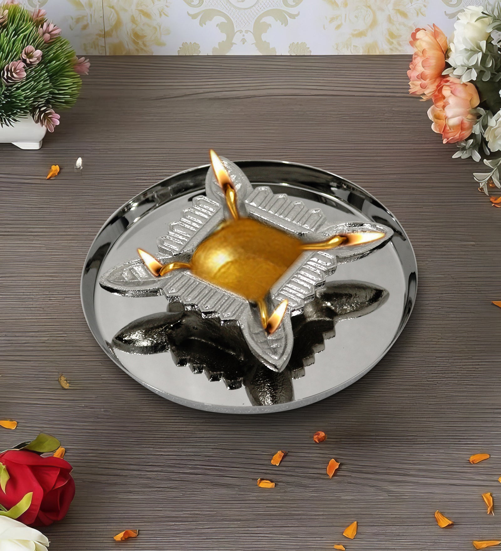 Aluminium Diya With Plate For Pooja And Gift