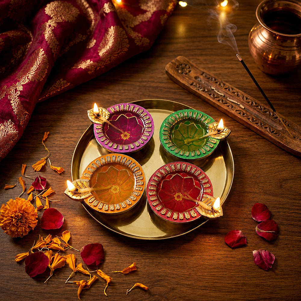 Aluminium 4 Diya With Plate For Pooja And Gift