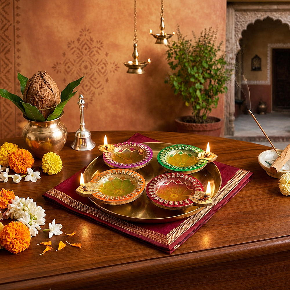 Aluminium 4 Diya With Plate For Pooja And Gift