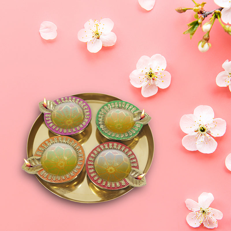 Aluminium 4 Diya With Plate For Pooja And Gift