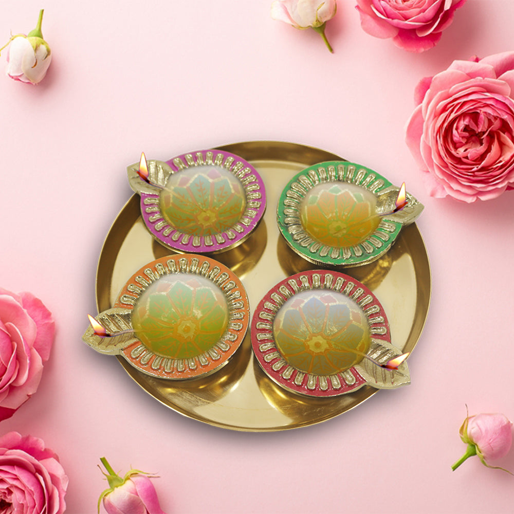 Aluminium 4 Diya With Plate For Pooja And Gift