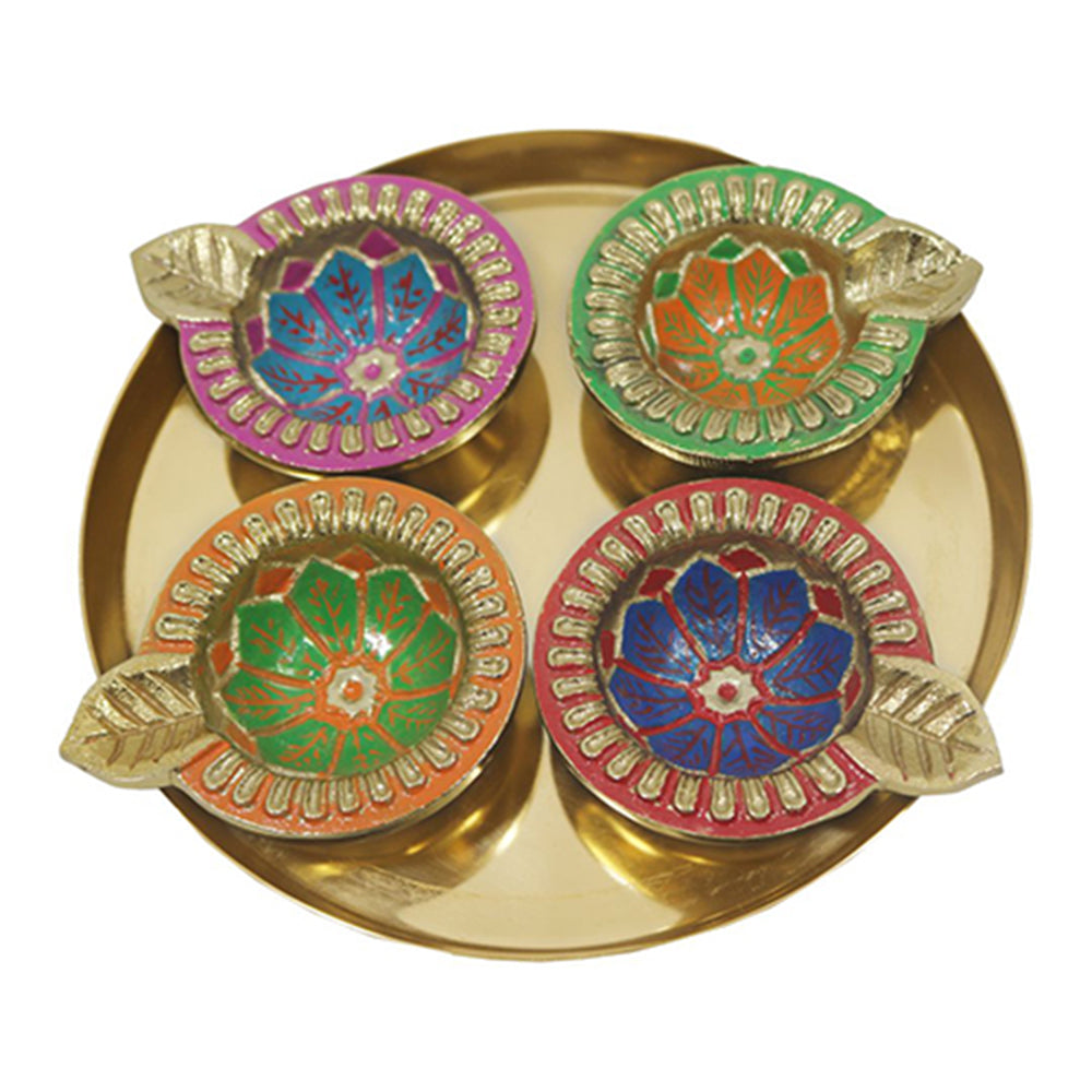 Aluminium 4 Diya With Plate For Pooja And Gift