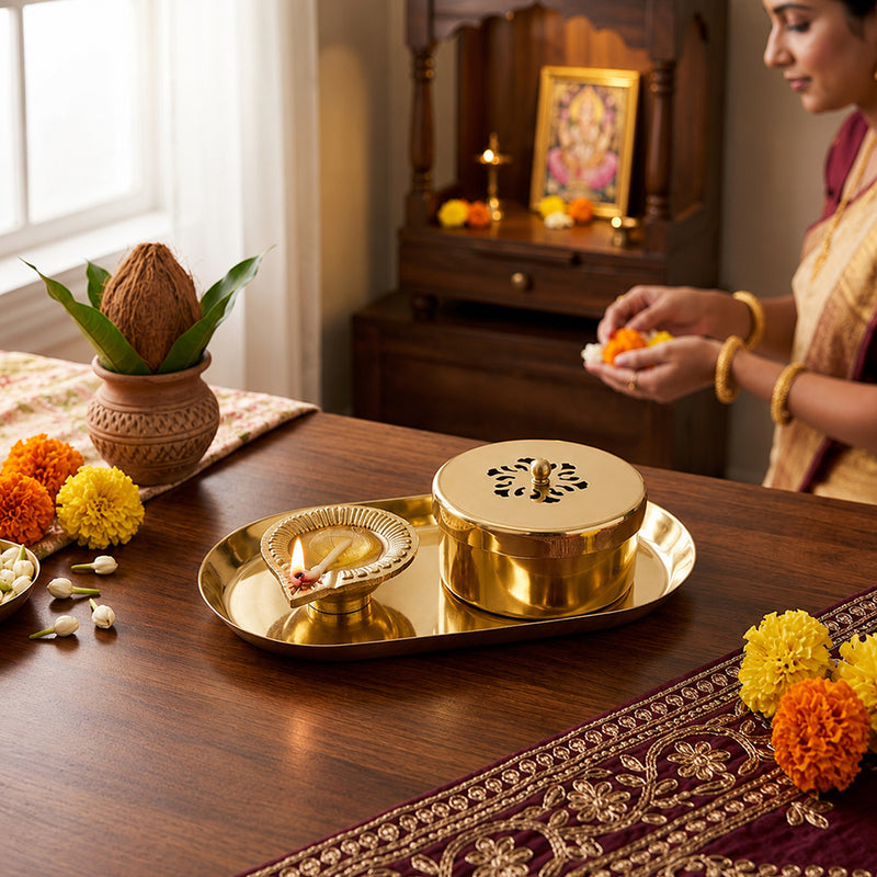 Aluminium Diya With Kumkum Box And Plate For Pooja And Gift