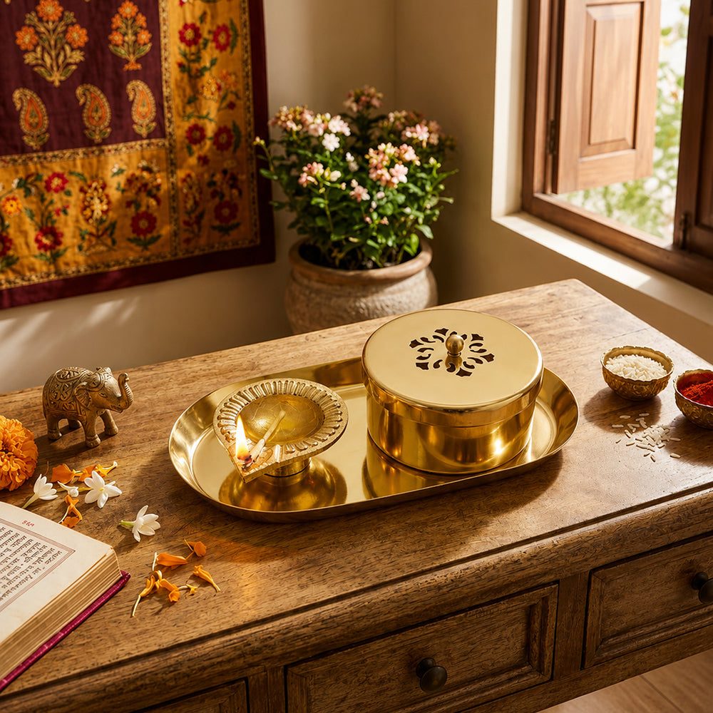 Aluminium Diya With Kumkum Box And Plate For Pooja And Gift