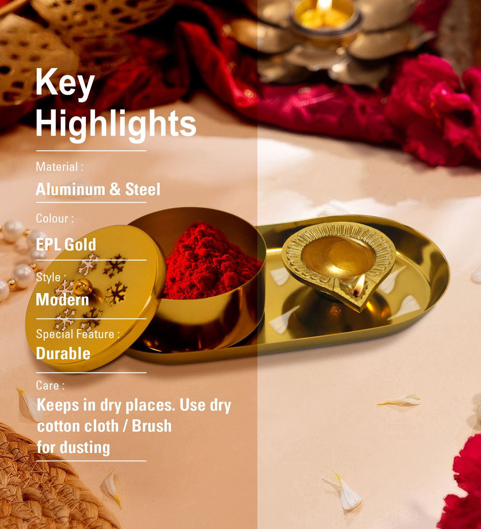 Aluminium Diya With Kumkum Box And Plate For Pooja And Gift