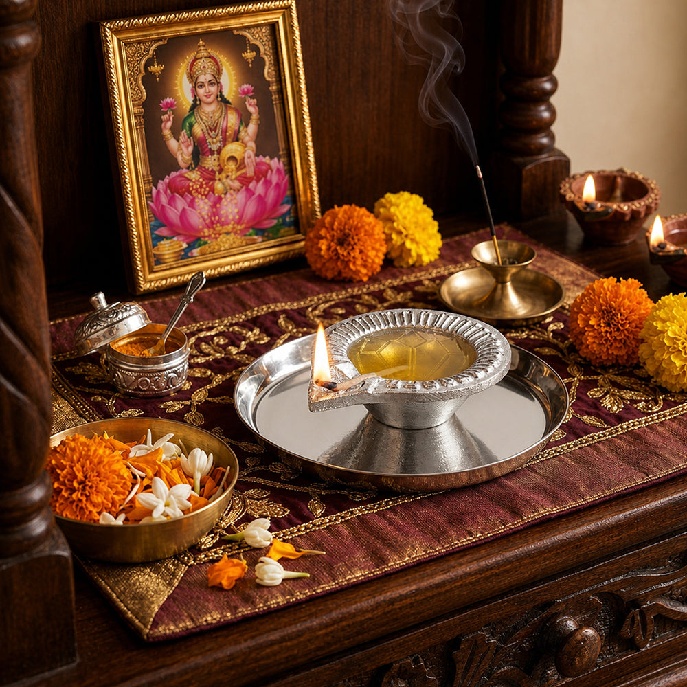 Metal Diya With Plate - Silver