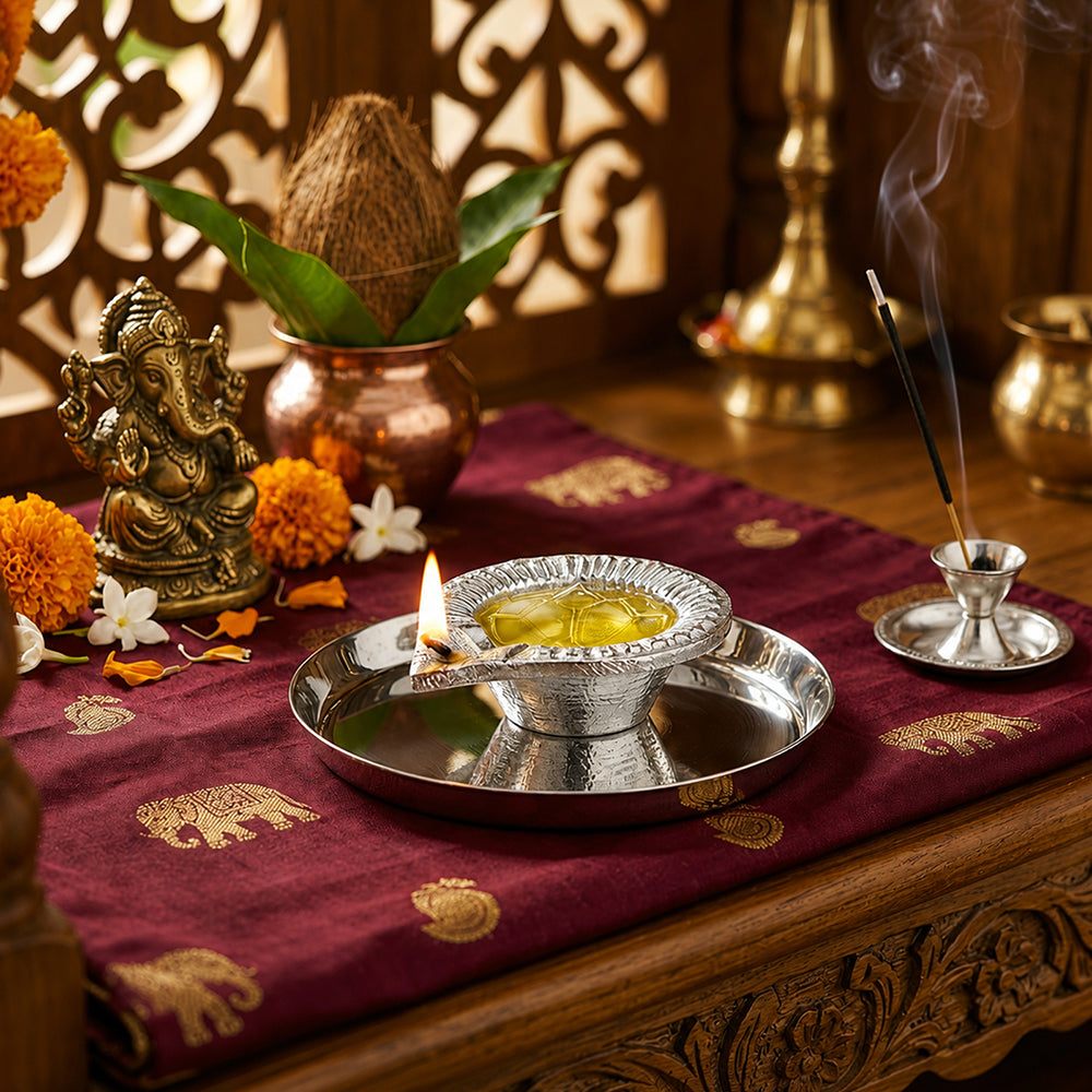Metal Diya With Plate - Silver